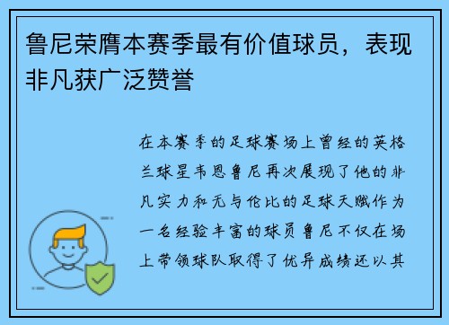 鲁尼荣膺本赛季最有价值球员，表现非凡获广泛赞誉