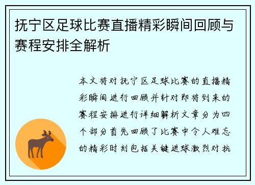 抚宁区足球比赛直播精彩瞬间回顾与赛程安排全解析